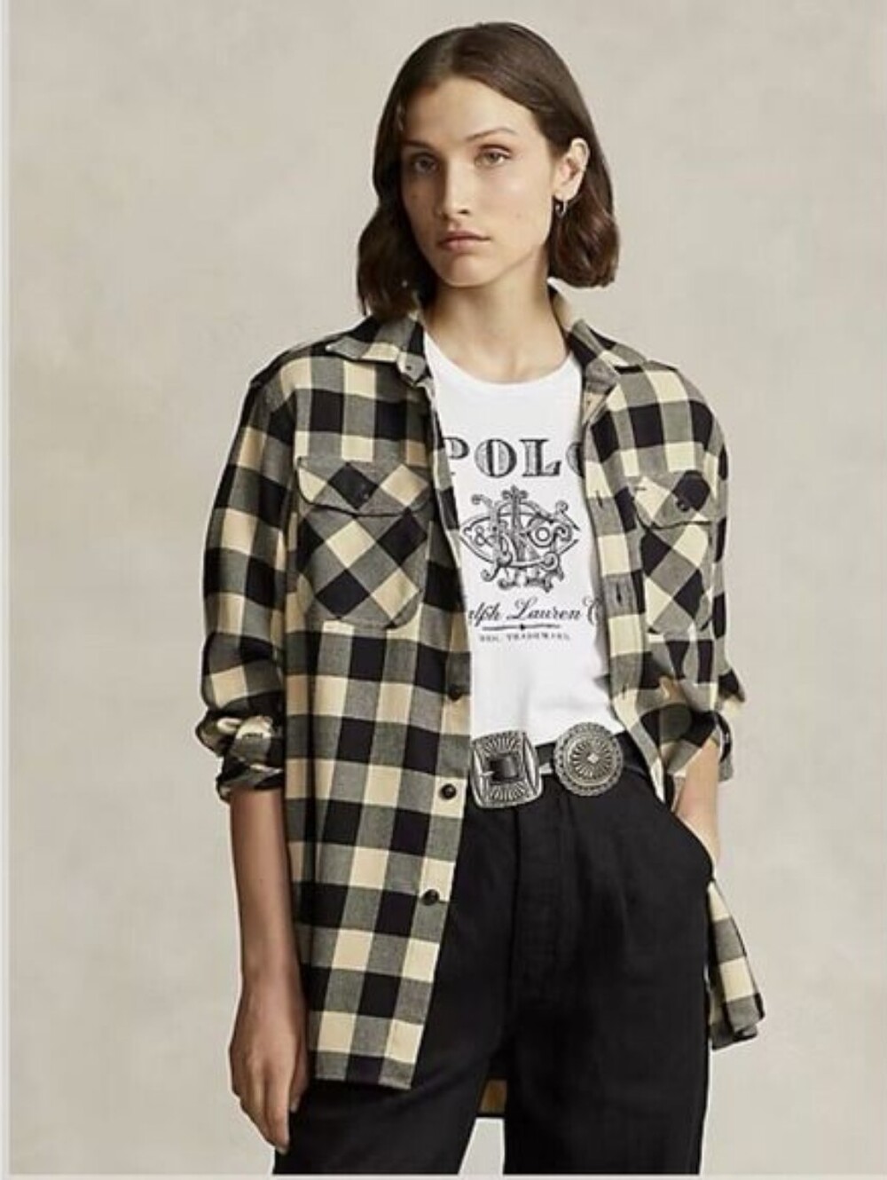 Polo Ralph Lauren Shirt Oversized Utility Flannel Buffalo Plaid Tan Womens Large